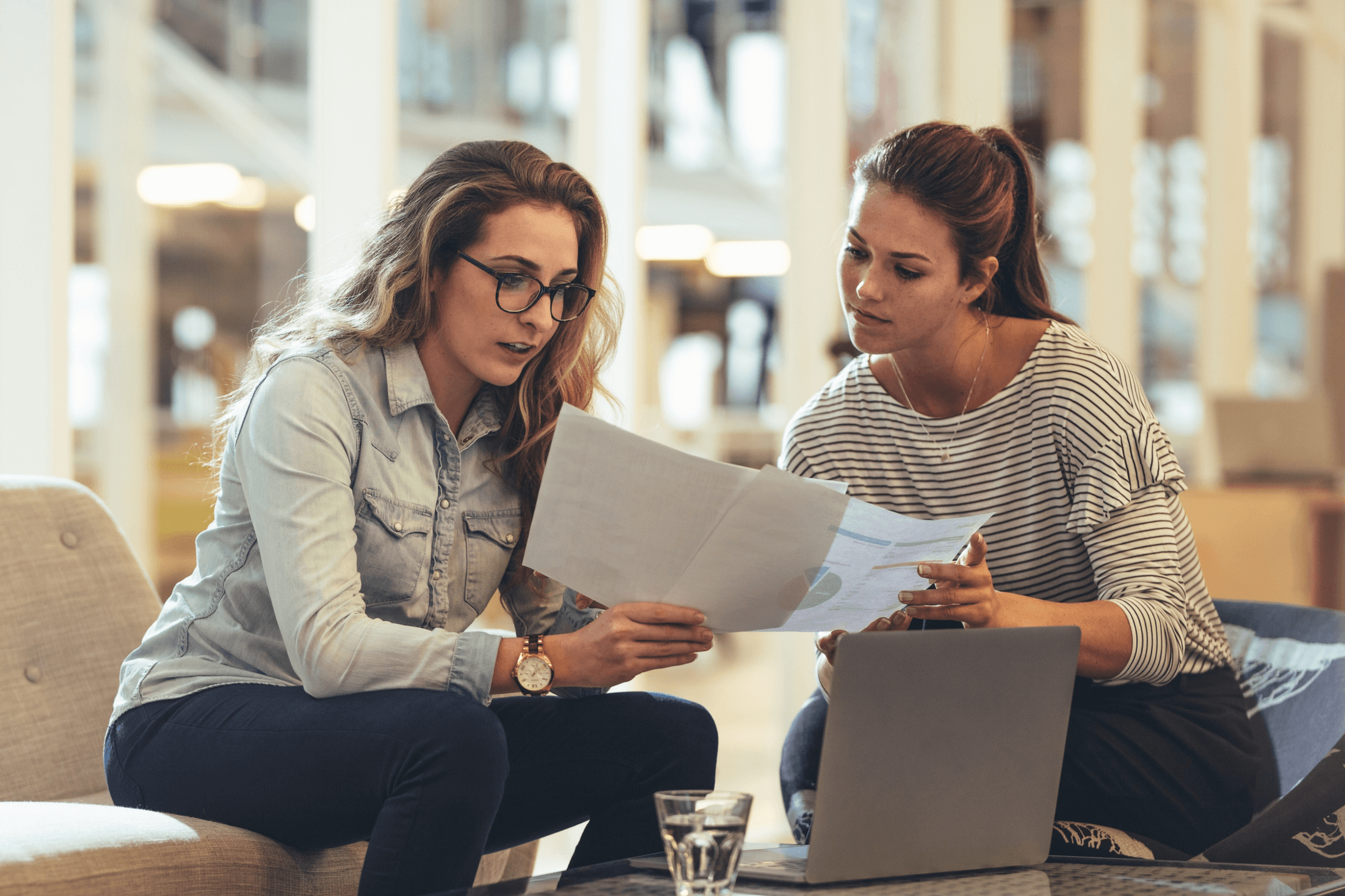 business professionals chat documents laptop